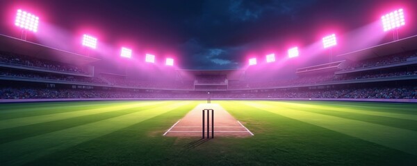 Cricket stadium with bright pink floodlights illuminating the green pitch at night. Spectators fill the stands watching game play under stadium lights. Crowd watches sports event.