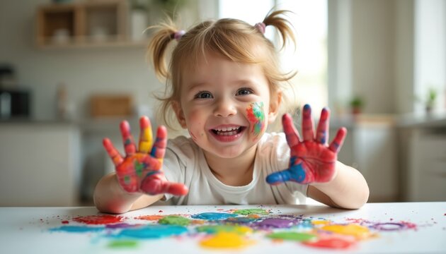 Adorable little girl with blonde pigtails plays with bright colorful paint at home kitchen table. Child smiles broadly at camera, showing messy hands, face. Happy toddler enjoys creative art - Powered by Adobe