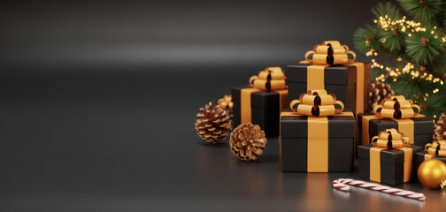 Elegant black and gold Christmas gifts arranged with pine cones and a decorated tree perfect for holiday promotions and festive backgrounds