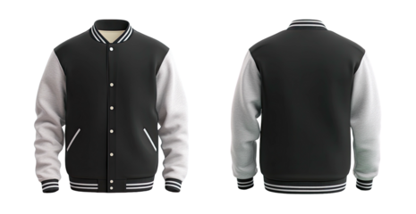 Letterman jacket, front & back, black body, white sleeves