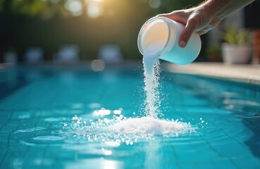 Hand pours white granular substance into clean blue swimming pool. Pool worker performs routine maintenance, adding chemicals to disinfect, treat water. Ensures clear, safe water for summer bathing