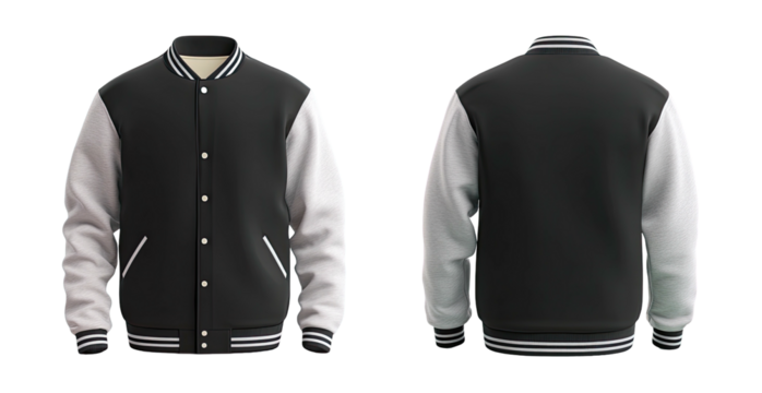 Letterman jacket, front & back, black body, white sleeves