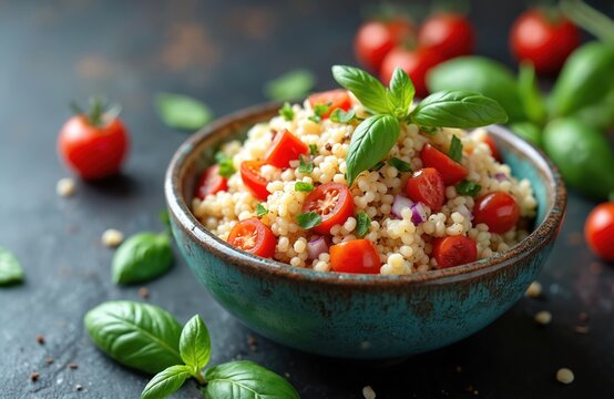 Fresh couscous salad in rustic bowl sits on dark surface. Cherry tomatoes basil leaves add vibrant color. Healthy light meal ready to eat for tasty balanced diet.