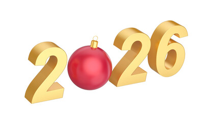 Happy New Year 2026 with shiny red Christmas ornament on transparent background