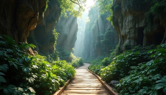 Wooden walkway through lush green canyon. Tall rocky walls rise on either side. Sunlight beams filter through trees creating misty atmosphere. Nature path leads into forest.