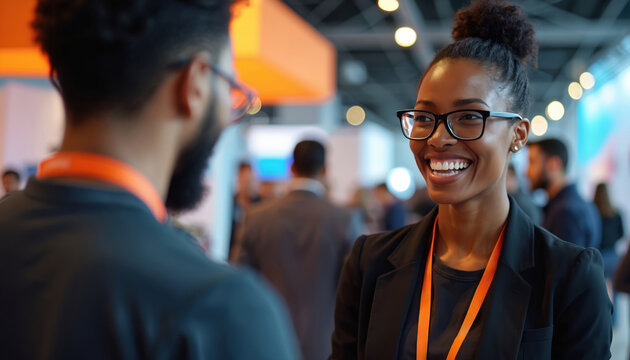 Smiling businesswoman interacts with man at conference. Woman with glasses and orange lanyard talks to colleague. People attend seminar in background. - Powered by Adobe