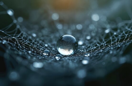 Dew drops on spider web in morning. Water droplets on cobweb threads. Closeup of wet spider net with shiny drops. Macro view of clear water beads on web.