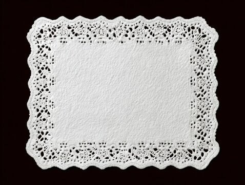 White rectangular paper lace doily on dark background