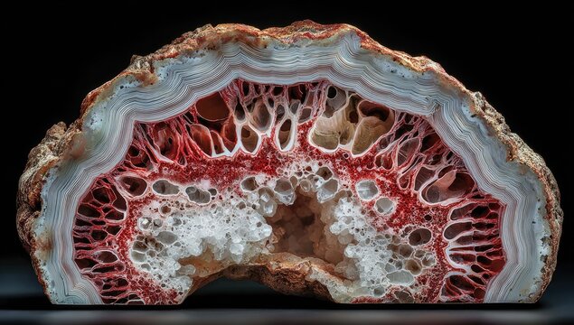 Sliced geode with red and white layers, inner crystals