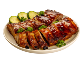 Delicious barbecue ribs served on a plate with fresh herbs and garnish, perfect for food lovers and culinary enthusiasts.