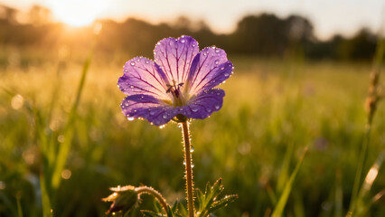 Obraz premium Purple Flower with Dew Drops in a Sunny Field