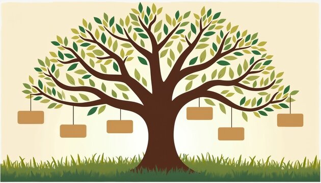 Empty family tree illustration with brown branches and green leaves. Blank name tags hang from branches. This chart helps trace ancestry and family history.