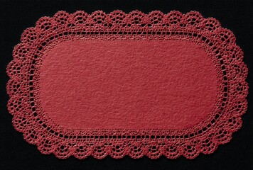 Red oval lace doily card on black textured background
