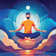 A man in a yoga pose meditating in a landscape with a moon and water in the background