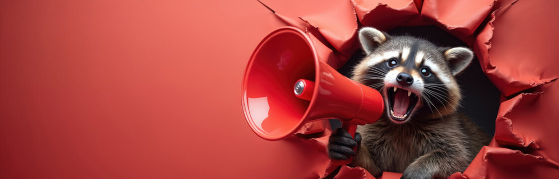 Raccoon with megaphone screams from red torn paper. Animal announces sale discount or job opening. Wild creature makes loud noise promotion. News alert.