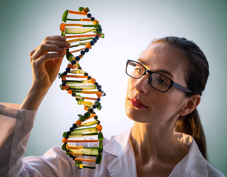 Nutrition DNA concept, scientist examining vegetable helix for wellness research