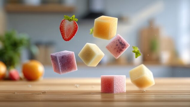 Fruit cubes hover in sunny kitchen scene - Powered by Adobe