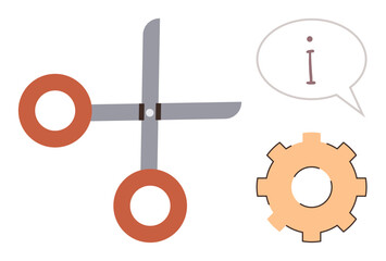 Scissors cutting dialogue bubble with lowercase i for information near a gear. Ideal for creativity, problem-solving, productivity, communication, teamwork, innovation, decision-making. Simple flat