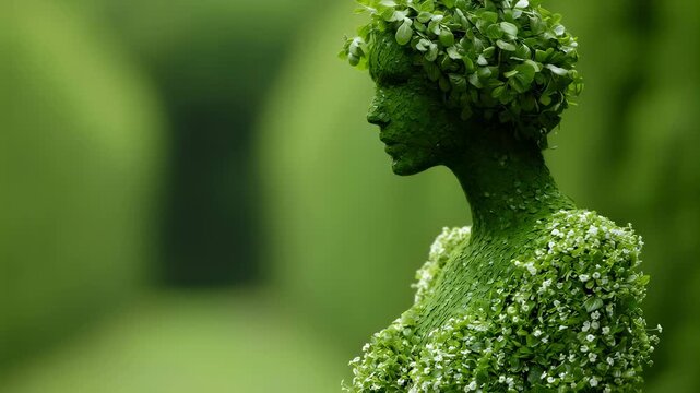 Green topiary sculpture of female bust with small white flower. Nature art in garden for botanical display and outdoor decor.