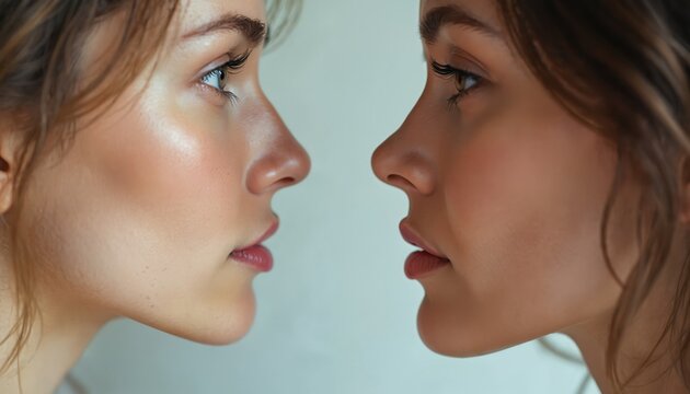 Two women face each other in profile view, one lighter skinned, one darker skinned. Their features are sharp, defined, showing delicate lips, eyes. Natural soft beauty is apparent in this close-up.