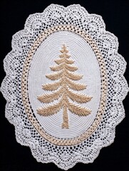 Cream crochet oval doily with Christmas tree motif on black background