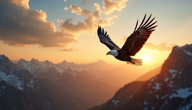 Powerful bald eagle flies in sunset sky over mountains. Majestic bird soars above peaks during golden hour. Freedom concept. Wildlife nature landscape. Adventure travel. Scenic view - Powered by Adobe