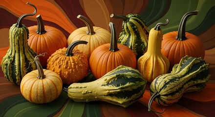 A seasonal display of assorted pumpkins and gourds on patterned cloth