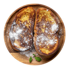 Delicious French Toast Slices Dusted With Powdered Sugar on Wooden Plate Garnished With Mint