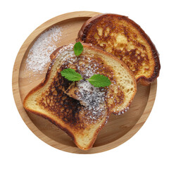 Delicious Crispy Toast on Round Wooden Plate Garnished with Mint and Powdered Sugar