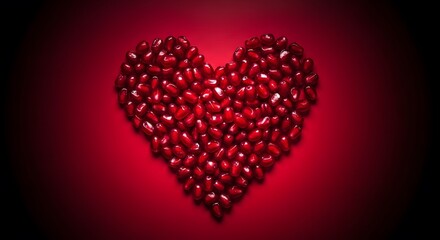 Heart shape made of pomegranate seeds on a dark red background