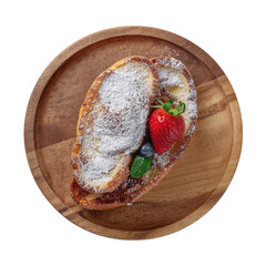 Delicious French Toast with Strawberries and Blueberries on a Wooden Plate with Powdered Sugar