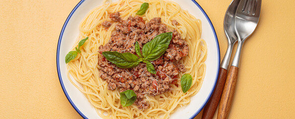 Delicious spaghetti bolognese garnished with fresh basil and grated parmesan, served on a white plate with blue rim, traditional Italian pasta