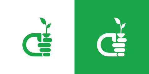 Empowering growth and sustainability with a modern, eco-friendly logo design featuring a hand holding a vibrant sprout against a fresh green backdrop for environmental initiatives
