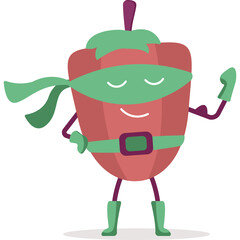 Red Bell Pepper Superhero with Green Mask and Cape Striking a Confident Pose with Eyes Closed