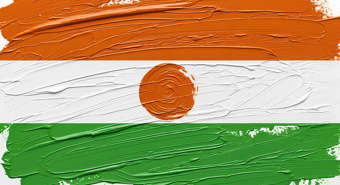 An artistic abstract interpretation of the Niger flag, with orange, white, and green horizontal stripes and a central orange circle, painted in expressive textured brush strokes.