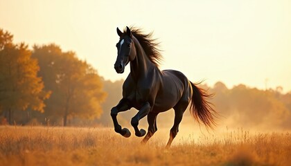 Black horse gallops across sunlit field in morning. Majestic animal runs free through tall grass with flowing mane and tail. Warm light illuminates motion and power, serene nature landscape.