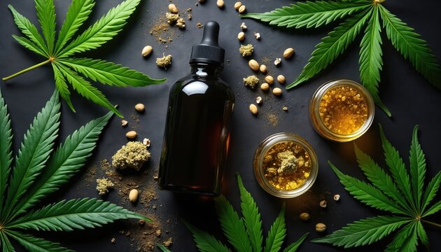 Flat lay presents cannabis products concept. Green hemp leaves and CBD oil extract bottle are on board. Alternative medicine, health treatment and natural herbal care are featured in scene.