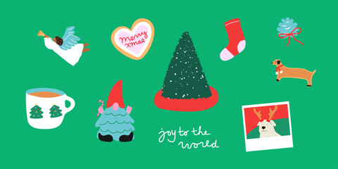 Festive Christmas icon set vector illustration. Christmas Tree, Joy to the world, Ornaments, Gnome, Cookie, sock, mug, polaroid, dog, angel