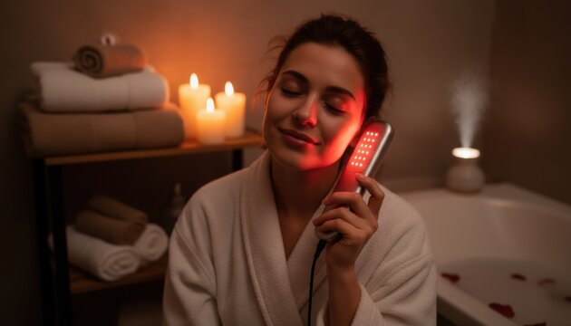 Warm spa moment with red light therapy expresses relaxation and mindful wellness. It communicates self-care trend and soothing personal ritual