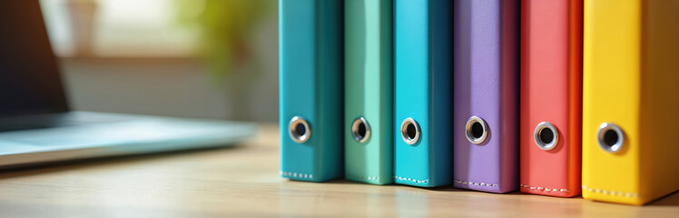 Colorful document binders line light wood office desk. Folders store essential business records, human resources policies, company handbooks. Laptop blurred in background, showing organized modern