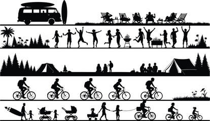 Outdoor family camping, cycling, surfing and picnic activities in nature, summer adventure lifestyle silhouettes collection for travel, recreation and holiday design