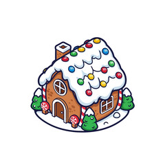 A charming cartoon gingerbread house with snowy roof and colorful Christmas lights.