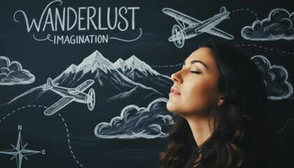 A person imagining travel before a chalkboard with drawn mountains and planes suggests wanderlust creativity and future journeys. It can relate to global exploration dreams and personal inspiration