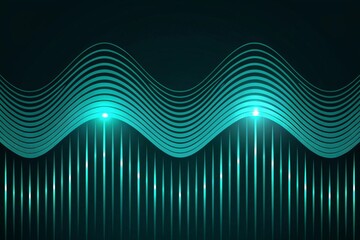 Abstract glowing turquoise sound wave equalizer bars and wavy lines on a dark background