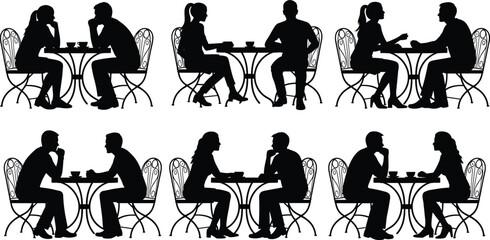 Couple and friends sitting at café table silhouette, chatting, drinking coffee, social interaction illustration perfect for lifestyle design, relationship and communication projects