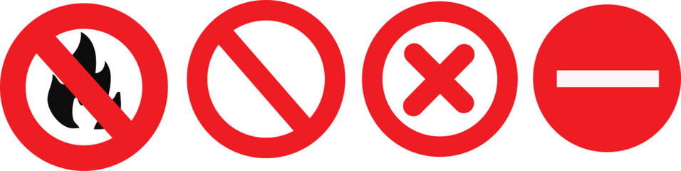 Set of prohibition sign icons including no fire no entry and cancel symbols vector illustration for safety and regulation concepts