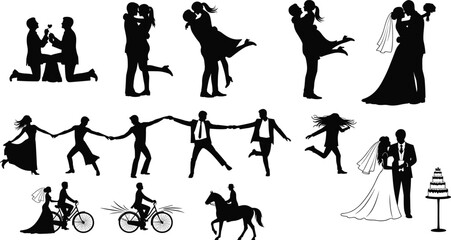 Romantic couple silhouette collection featuring wedding scenes, love poses, dancing, cycling, proposal moments, celebrating relationships, perfect for creative design and illustration projects