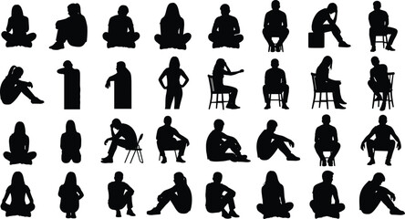 Silhouette collection of people sitting, resting, thinking, posing in various positions, perfect for lifestyle illustration, creative concept design and vector projects