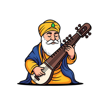 Cartoon illustration of a Sikh Guru figure, possibly Guru Nanak Dev Ji, with a turban and white beard, playing a traditional string instrument like a rabab or sarangi, in a meditative pose.