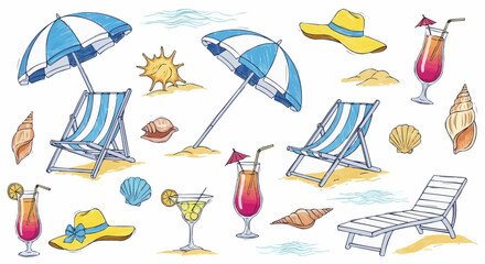 Illustration of beach scene with chairs umbrellas cocktails and seashells for summer vacation fun 100